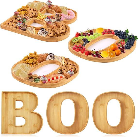 PEUTIER 3pcs Halloween Charcuterie Board, BOO Halloween Cheese Board Wooden Serving Platter Snack Trays Dinnerware Cookware for Home Kitchen Candy Cookie