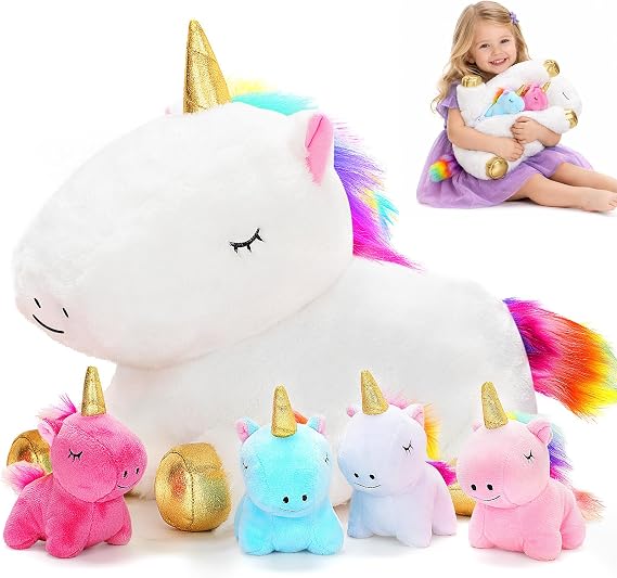 Unicorn Toys for Girls, Unicorn Mommy Stuffed Animal with 4 Baby Unicorns