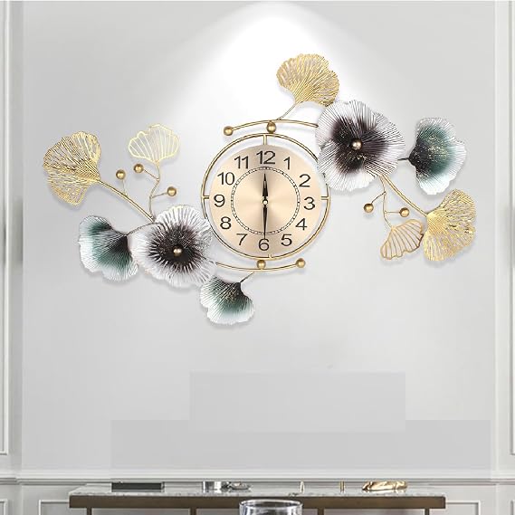 Large Wall Clock 35.5 Inch Creative Metal Ginkgo Leaf Design, Gold Decoration Clocks, Wall Clocks for Home Wall Decor Clock (35.4''x17.7'' (90x45cm))