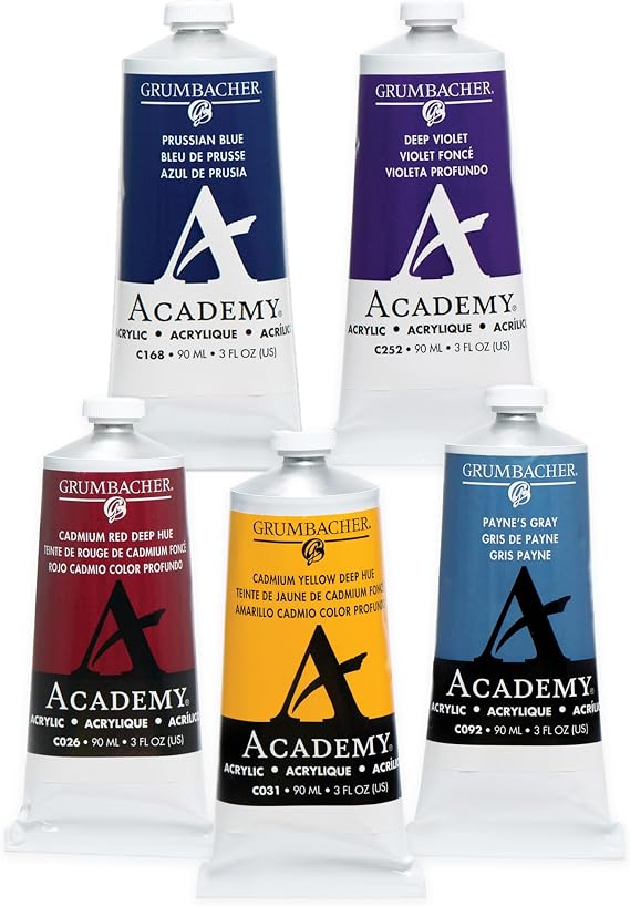Grumbacher Academy Professional Acrylic Paint Set of 5 90ml Deep Colors - Metal Tubes - Heavy Body Professional Grade Artist Paint with Genuine and Pure Pigments - ASTM Lightfast Colors