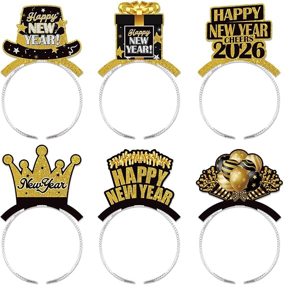 2026 Happy New Year Headband Tiara 6Pcs New Years Eve Party Decorations New Year's Eve Hairbands for Party Supplies Hair Accessory Gifts