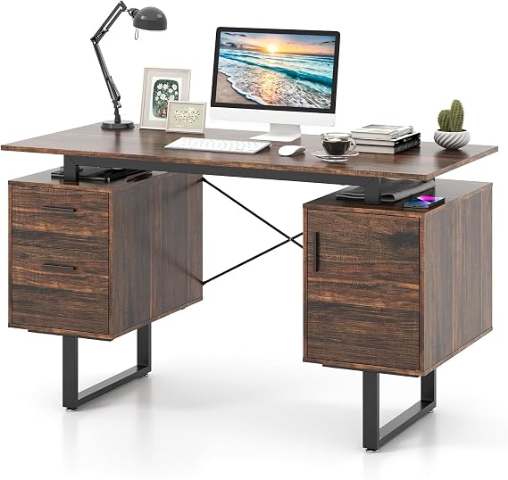 COSTWAY Home Office Computer Desk, 129 x 59 x 76 cm Large Floating Desktop Desk with Dual Drawers and Cabinet, Metal Frame Modern Vanity Table for Living Room & Bedroom (Rustic Brown + Black)