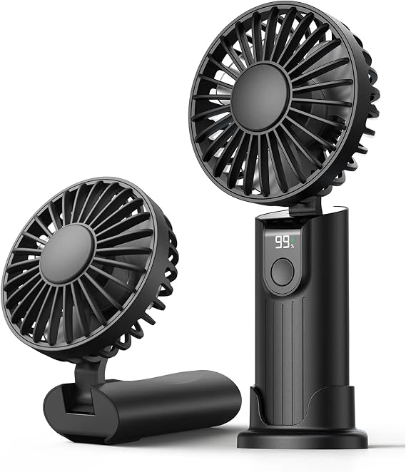 Warmco K38 Ekranlı 4 Kademeli El Vantilatörü 5000mAh Şarjlı Taşınabilir Katlanabilir Standlı Boyun Askılı Soğutucu Fan Siyah