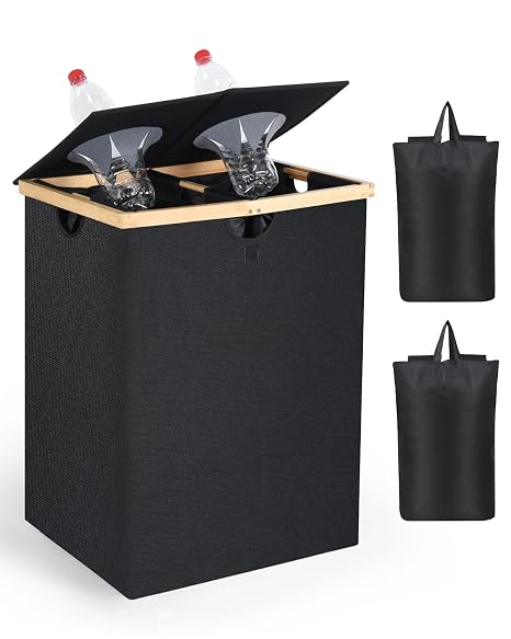 OTraki 140L Recycling Bin for Kitchen, 2 Compartments Large Home Recycle Bin with Lid with 2 Removeable and Reusable Inner Bag for Bottle Can Glass Waste Plastice, Black