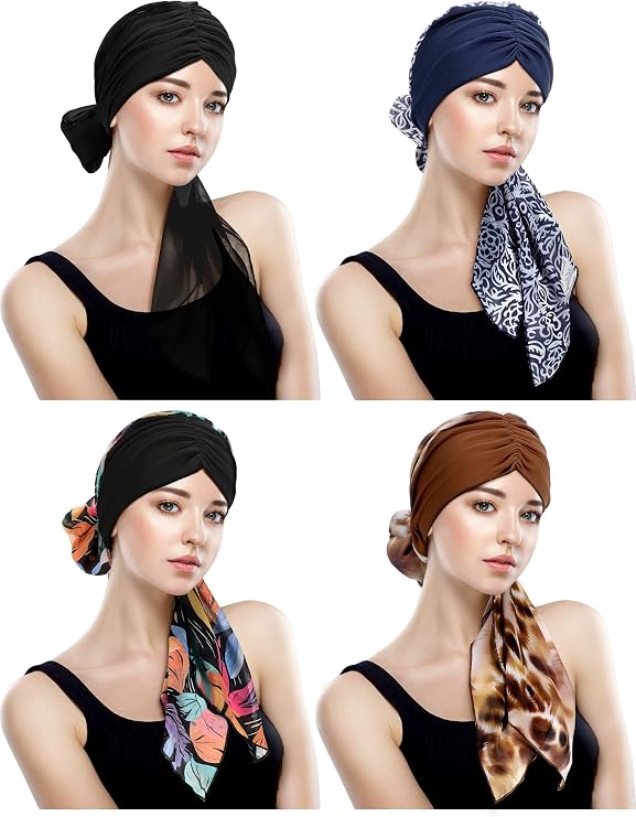Fourluoo 4 Pcs Chemo Headwear for Women, Cancer Chemo Head Wraps Turbans Cancer Head Scarf Caps for Women Patients Gifts