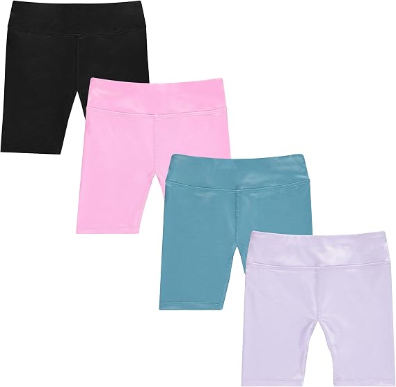 BTween Girls 4 Pack Bike Shorts Stretchy, Soft High Waist Athletic Shorts for Kids with Fun Prints Colors
