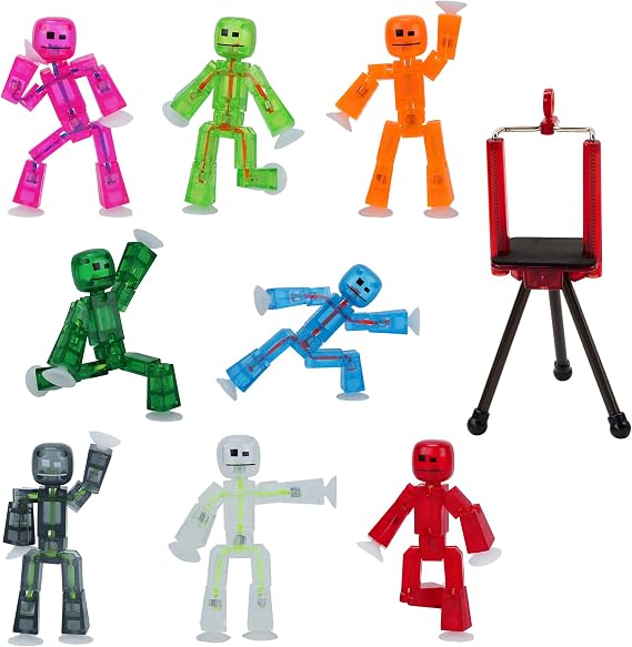 StikBot Zing, Set of 8 Clear Collectable Action Figures and Mobile Phone Tripod, Create Stop Motion Animation, Great for Kids Ages 4 and Up | Create Stop Motion Animation with Free App, Fully Articulating Joints, Suction Cups Stick to Most Flat Surfaces, STEM toy