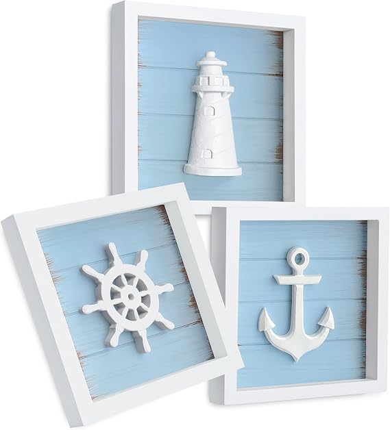 Tide and Tales Nautical Wall Art, Bathroom Wall Decor, Set of 3, Sky Blue | 7" x 7", Framed, Hanging Ready, 3D Coastal Wall Art with Lighthouse, Ship Wheel and Anchor, Beach Decor for Bedroom, Gift Box