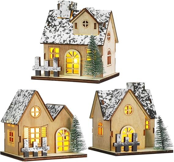 FRCOLOR 3 Pcs Wooden Christmas Village Houses Set with Warm Led Lights Miniature Lighted Christmas Houses for Holiday Table Centerpieces and Home Decor