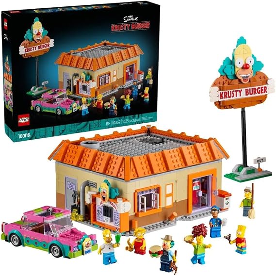 LEGO Icons The Simpsons : Krusty Burger, Home Decor Building Kit for Adults Includes Homer, Bart and Lisa Simpson, Farmer Krusty, Sideshow Bob, Squeaky Voiced Teen and Officer Lou Minifigures 10352