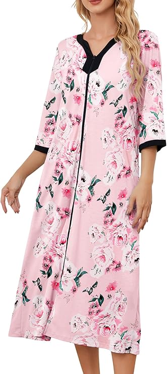 PITINAN Robes for Women Zipper Front Moomoo Housecoats with Pockets S-3XL