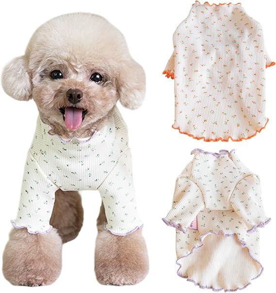 Pet Clothes for Small Medium Dogs Cat Daisy Flower Prints Dog Shirts Long Sleeve Ruffle Puppy Clothes Dog Pajamas for Chihuahua Shih Tzu Yorkie (Purple, Small)