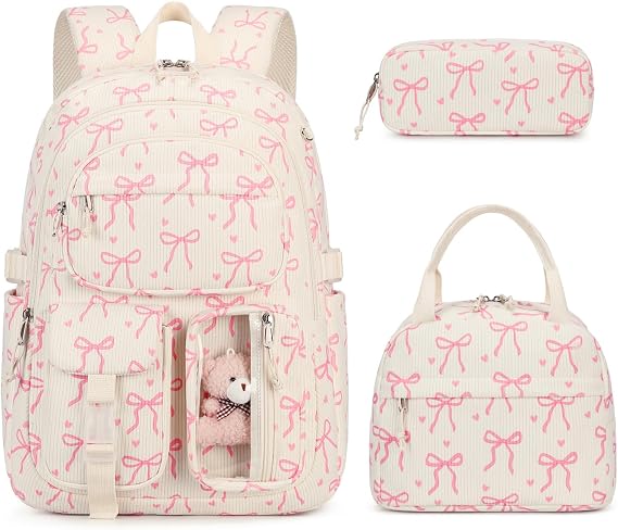 TIAASTAP Cute Bow Backpack Aesthetic School Bags for Girls with Lunch Bag Kawaii Preppy School Backpack Set 3Pcs Girls Rucksack for Teenage College Primary Secondary Middle (White)