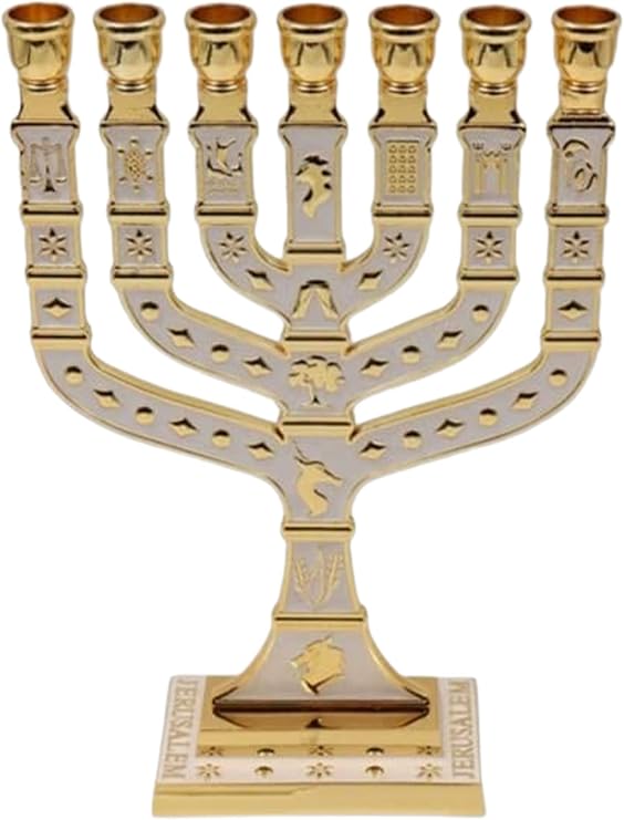 Traditional Jerusalem Menorah 7 Branch, Enamel Finish, with 12 Tribes of Israel, Jewish Candle Holders (10.8 inch)