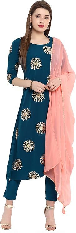 Janasya Indian Women's Teal Gold Print Festive Wear Kurta Set for Women