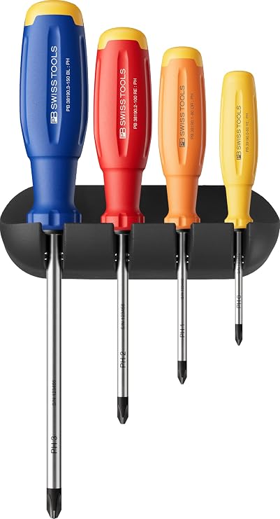 PB Swiss Tools RainBow Phillips Screwdriver Set PB 38242.RB CBB | 100% Swiss Made | 4-Piece Colored SwissGrip Evo Screwdriver Set, Size PH 0-3, Including Practical Wall Mount
