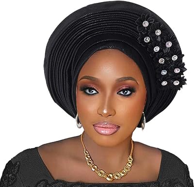 Pre-Tied Nigerian Auto Gele Head Tie African ASO Oke Headwrap Handmade Turban Hat Cap for Women Wedding Party