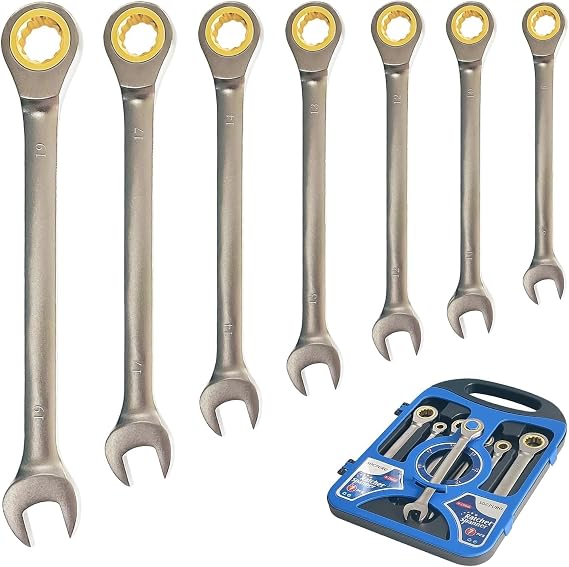 AEE® Professional 7 Parça Cırcırlı Kombine Açık Anahtar Seti | 72 Diş Ratchet Anahtar Takımı | 8-10-12-13-14-17-19 mm | CR-V Çelik | Otomotiv, Sanayi, Ev & Atölye Kullanımı İçin | Taşıma Çantalı