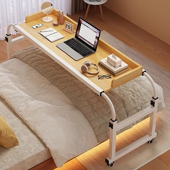 Overbed Desk Height Adjustable,Food Tray Desk Rolling Medical Table Computer Desk Over-Bed Tables With Wheels Rolling Bed Bar Table Mobile Desk With Adjustable Height(Color:wood)