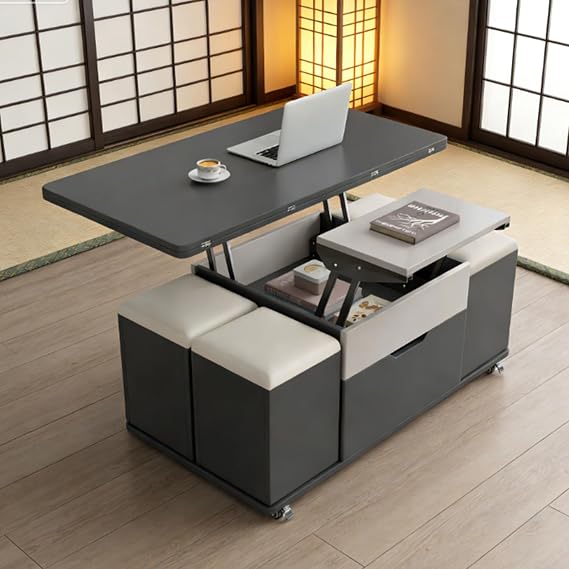 Multifunctional Coffee Table, Elevating Tabletop, Low Table, Height Adjustable, Large Capacity, Computer Table, Dining Table, Elevating Type, 47.2 x 23.6 x 21.3 inches 120 x 60 x 54 cm