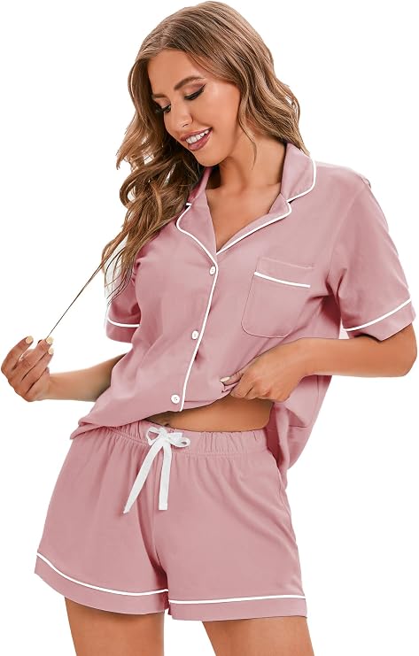 LUBOT 100% Cotton Pajamas for Women 2 Piece PJ Set Button-Down Soft Knit Short Sleeve Summer Sleepwear Loungewear XS-XXL