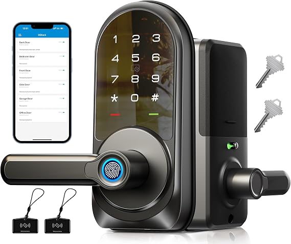 Veise RZ09 Fingerprint Deadbolt Smart Lock with Lever Handle, Matte Black | App Control, Keyless Entry Door Lock Set for Front Door, Auto-Lock, Electronic Digital Lock with Keypad, BHMA Certified
