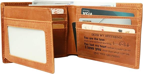 Letoor Mens Personalized Engraved Leather Wallet for Boyfriend -Tri-fold Wallet to my Man- Custom Love Message Wallets for Boyfriend from Girlfriend, Brown, 9.5CM12CM