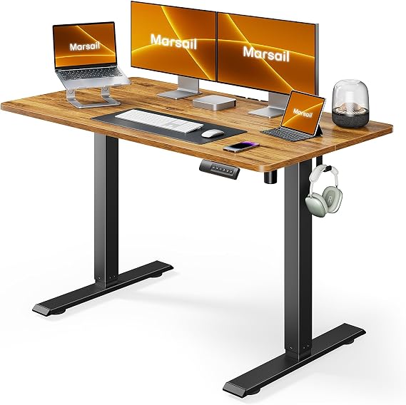Marsail Electric Standing Desk with Sedentary Reminder, 48 * 24 Inch Standing Desk Adjustable Height, Stand up Desk for Home Office Furniture Computer Desk Memory Preset with Headphone Hook