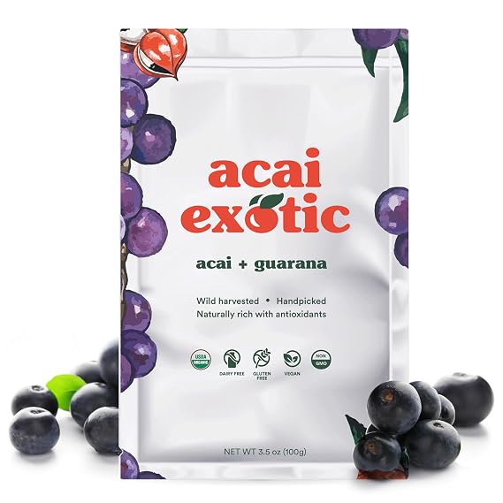 Acai Exotic Acai Guarana Frozen Fruit Pouches - Frozen Fruit for Smoothies, Bowls, Beverages, Snacks - No Sugar & Rich in Magnesium, Iron, Vitamin C & Calcium - Acai Berries with Guarana Syrup by Acai Exotic, 6 Kg Case - 140 oz (400g)