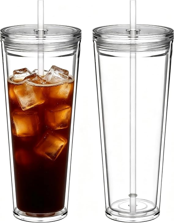 2 Pack 710ml Iced Coffee Cup, Plastic Tumbler with Straw and Lid, Reusable Double Wall Water and Cold Cups (2, Clear)
