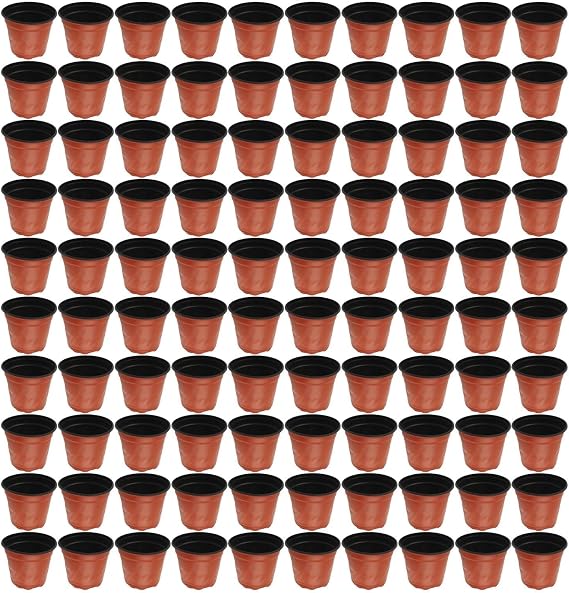 100 Pack Two-Color Plastic Nursery Pots with Drainage Holes, Flexible Root Training Containers for, Cuttings, Herbs, Succulents, Greenhouse and Garden, Red(110#)