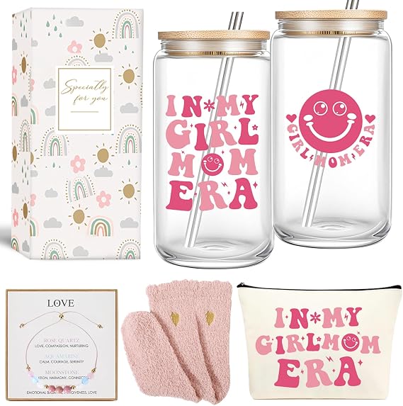 Girl Moms Gifts In My Girl Mom Era 16 oz Iced Coffee Glass with Lid and Straw First Mothers Day Gift for New Moms, Mother, Mama New Mom Gifts
