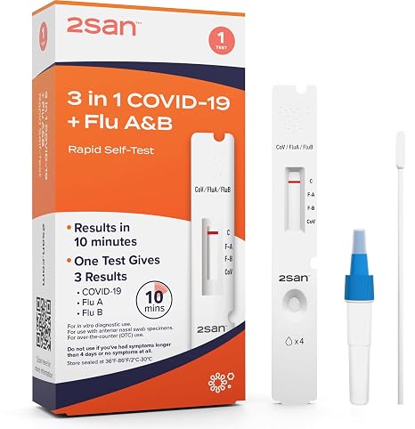 2San COVID-19 and Flu A&B, Antigen Rapid Combo Test, Results in 10 Minutes, FDA Cleared, 3-in-1 Flu + Covid Test Kit at Home, Easy to Use Nasal Swab for Home (1 Pack)