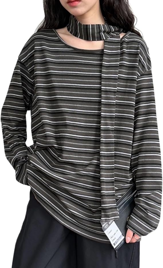 Striped Tops for Women Autumn Long Sleeve Off Shoulder T-Shirt with Scarf Fashion Trendy Chic Clothes