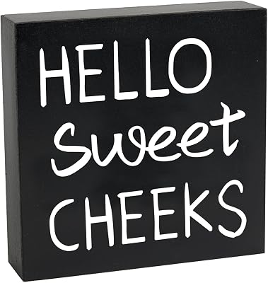Hello Sweet Cheeks Wooden Box Sign, Hello Sweet Cheeks Bathroom Decor, Funny Bathroom Shelf Decor Wall Decor Bathroom Signs, Rustic Black Farmhouse Sign