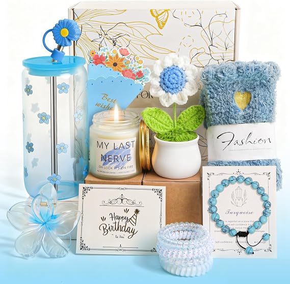 Birthday Gifts for Women Teen Girls, Unique Happy birthday Gift Baskets for Her Mom, Thank You Self Care Get Well Box Set, Cute Teenage Cup Present for Mother Friend Sister Teacher Coworker (Blue)
