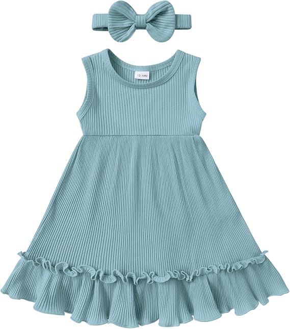 YOUNGER TREE Toddler Girl Summer Sundress Sleeveless Casual Dress Ruffle Hem Cotton Solid Outfits with Bowknot