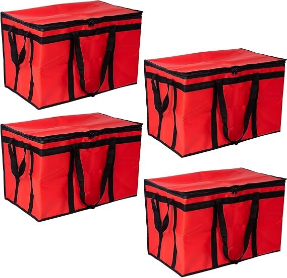 Insulated Food Delivery Bag, L Commercial Food Warmer Bag for Hot and Cold Catering Delivery, Insulated Reusable Grocery Bags (4 Pack, Red)