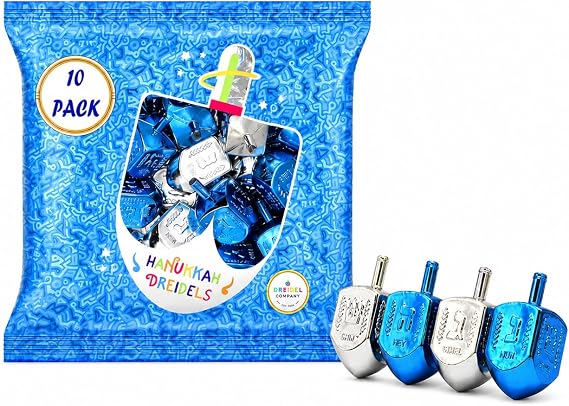 The Dreidel Company 10-Pack Hanukkah Plastic Silver & Blue Metallic Dreidels with English Translation, Spinning Tops Includes Dreidel Game Instruction Card