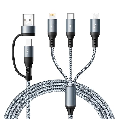 RULUS 6 in 1 Multi Charging Cable 4FT, Universal Phone Charger with AC to USB CLightningMicro USB Multiple Charging Cable Nylon Braided Data Sync for iPhone 1615141312 Pro Max,iPad,MacBook