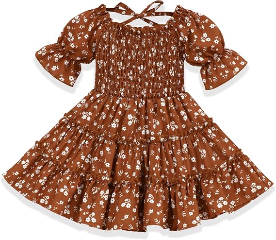 Toddler Girl Dress Square Neck Puff Sleeve A-Line Toddler Floral Dresses Summer Dresses for Toddler Girls 2-6T