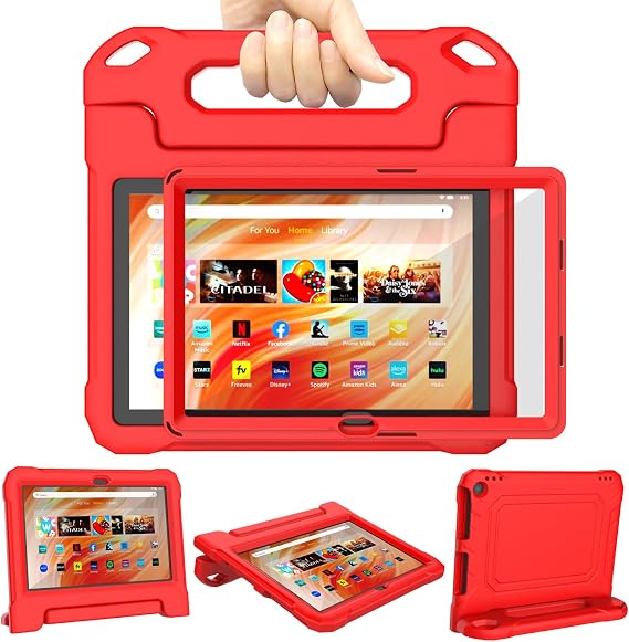 DJ&RPPQ10 inch Tablet Case for Kids,Light Weight Shock Proof Convertible Handle Stand Kids Case Red