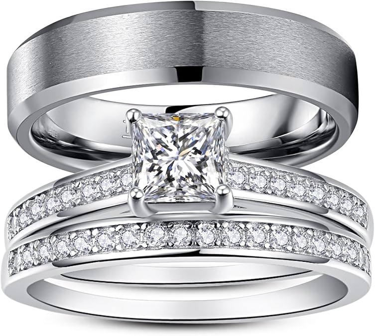 Promise Rings for Couples, Womens Princess Cut Ring & Mens Tungsten Ring