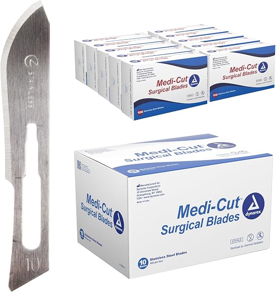 Dynarex Medi-Cut Stainless Steel Blade with Finely Honed Cutting Edge, Size #10, Sterile & Disposable, Box of 100