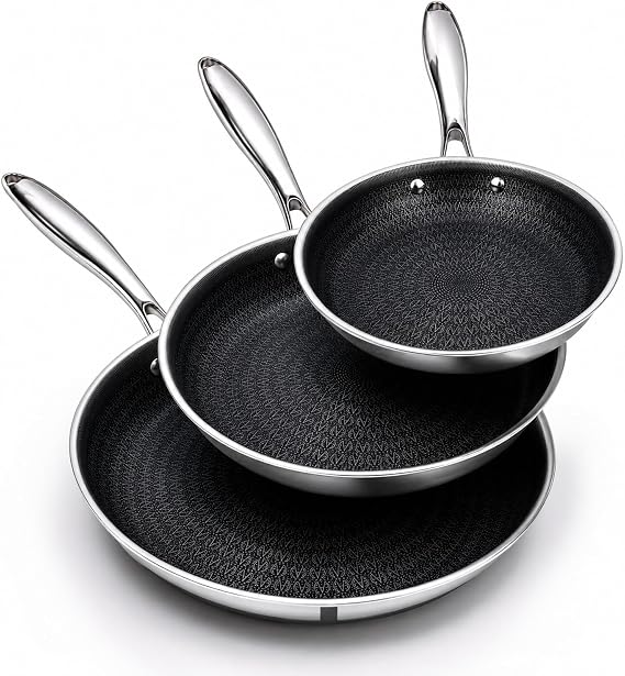 Ammeloo 3 Pcs Non Stick Frying Pans Set, 8", 10", 12" Stainless Steel Pans | Skillet and Frying Pans Nonstick, Stay Cool Handle, PFOA/PFAS/PTFE Free, Dishwasher & Oven Safe, Induction Compatible, Black
