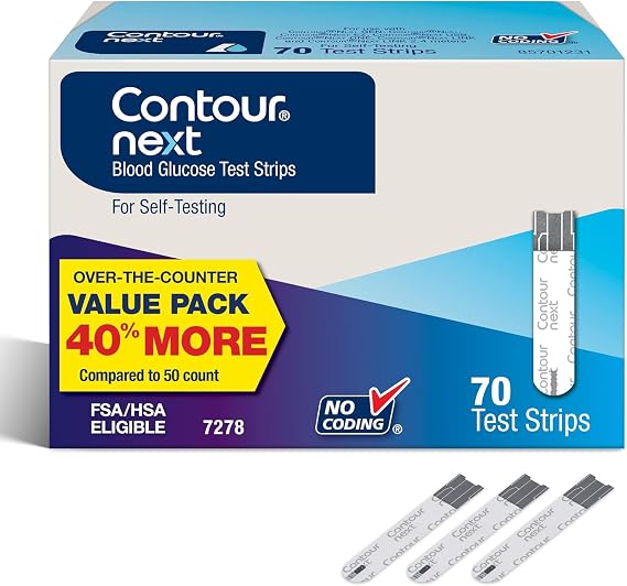 Ascensia Contour Next Blood Glucose Test Strips for Diabetes 70 Count (1 Pack) - Accurate, No Coding, Second-Chance Sampling, Compatible with All Contour Next Meters for Easy Blood Sugar Testing