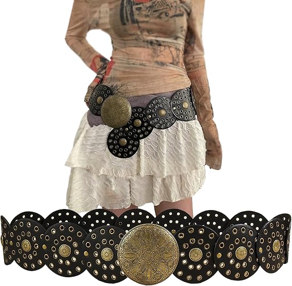 KJMYYXGS Chunky Belts for Women Western Style, Boho Wide Disc Concho Leather Waist Belt Vintage Country Circle y2k Belt