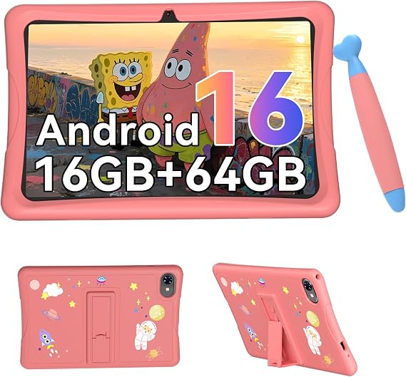 Kids Tablet 10 inch, Android 16 Tablet for kids Space, Parental Control, 16GB RAM 64GB ROM, 2TB Expand, Includes Case & Stylus Pen, Pre-Installed Educational Apps, Eye Protection, Pink