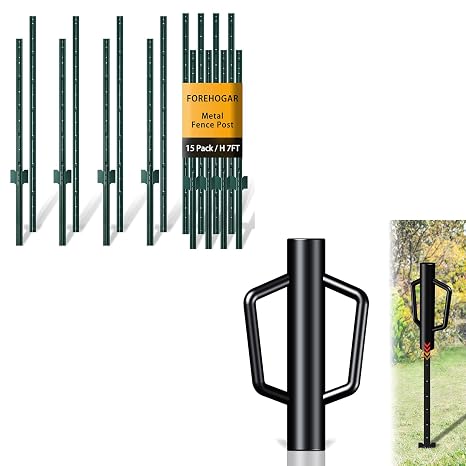 Metal Fence Post 7 Feet Green, Pack of 15 Bundle Post Driver 12LB