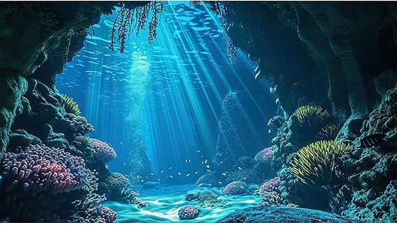Under The Sea Aquarium Background Underwater Grotto with Soft Corals Reefs Fish Tank Background Blue Ocean Tropical Cave Sunlight Rays Deep Sea Fish Tank Backgrounds Aquarium Wallpaper 24x12in